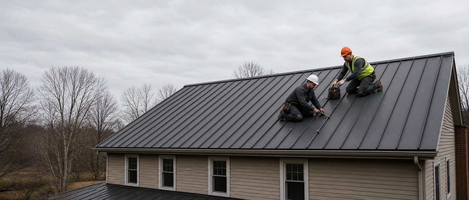 The crew fastening seams on a metal roof in Schenectady